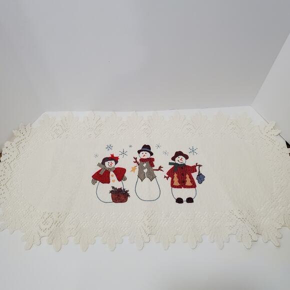 Vtg Christmas Snowmen Holiday Cross-Stitch Lace‎ Runner 14x30 - Picture 2 of 8